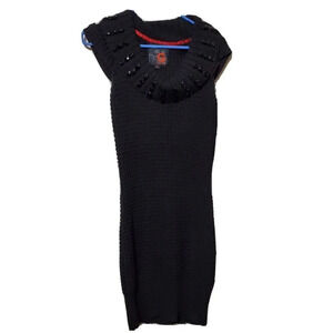 G By Guess Womens Sweater Dress Tunic Black M Cable Knit Beaded Cowl Neck